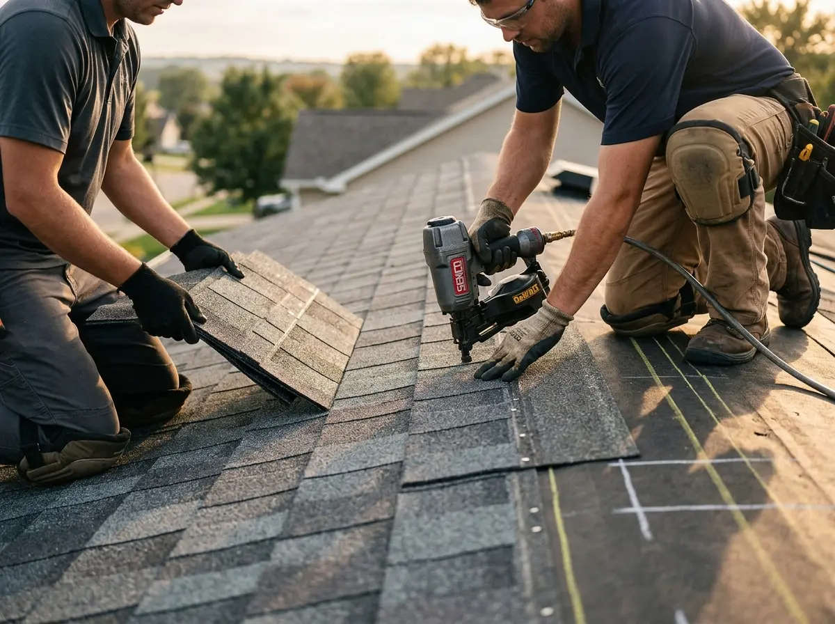 Professional roofer working on a residential roof in Champion Heights